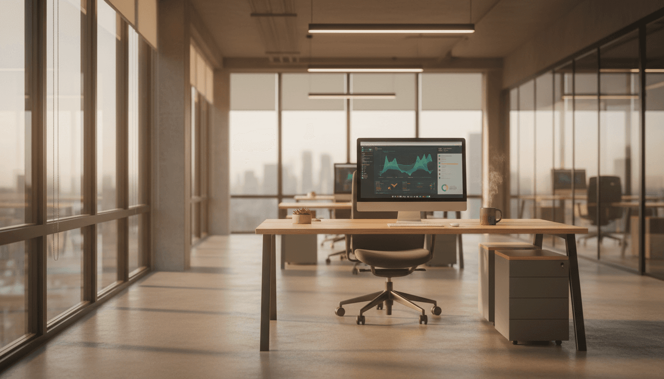 Toronto office desk with analytics dashboard on screen